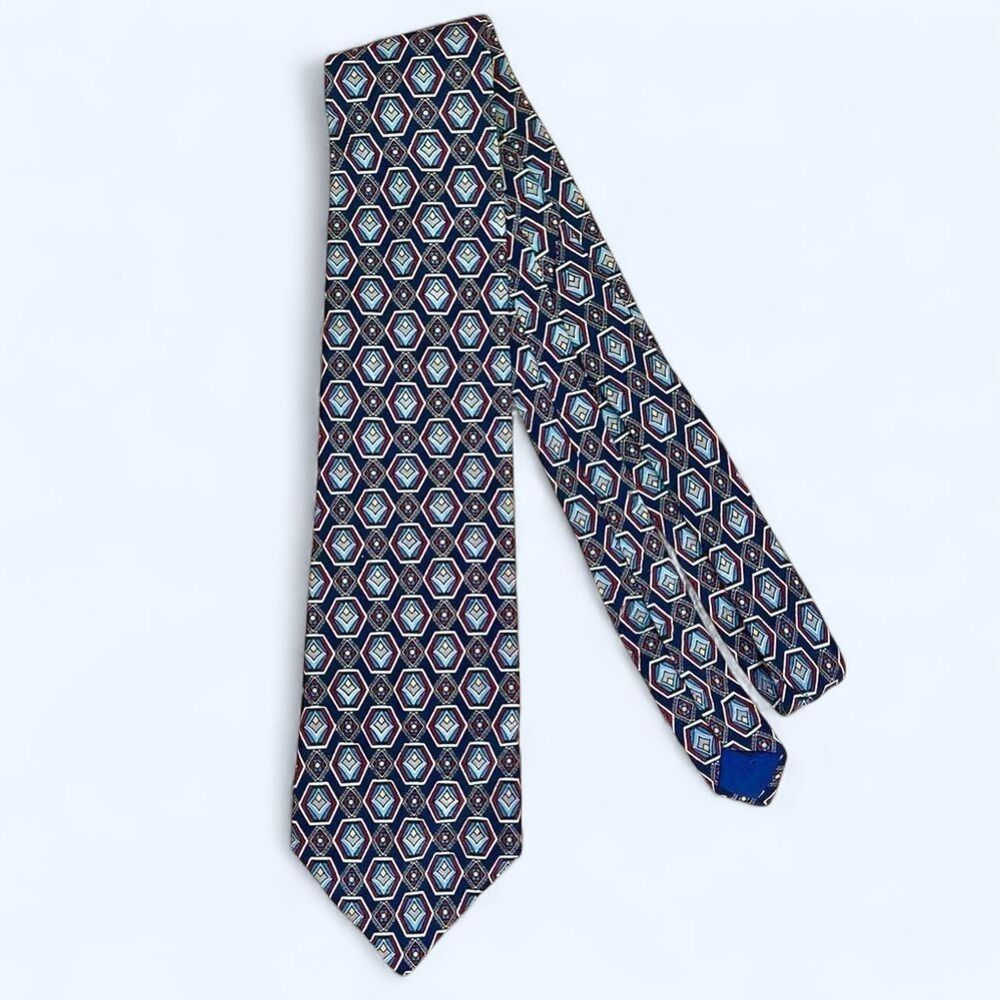 Vintage Liberty of London Geometric Print Navy Blue and Red Mens Silk Tie